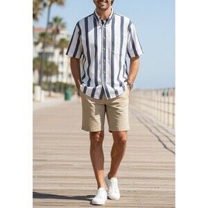 Van Heusen Men’s Large Striped Short Sleeve Button Up Shirt Blue White...